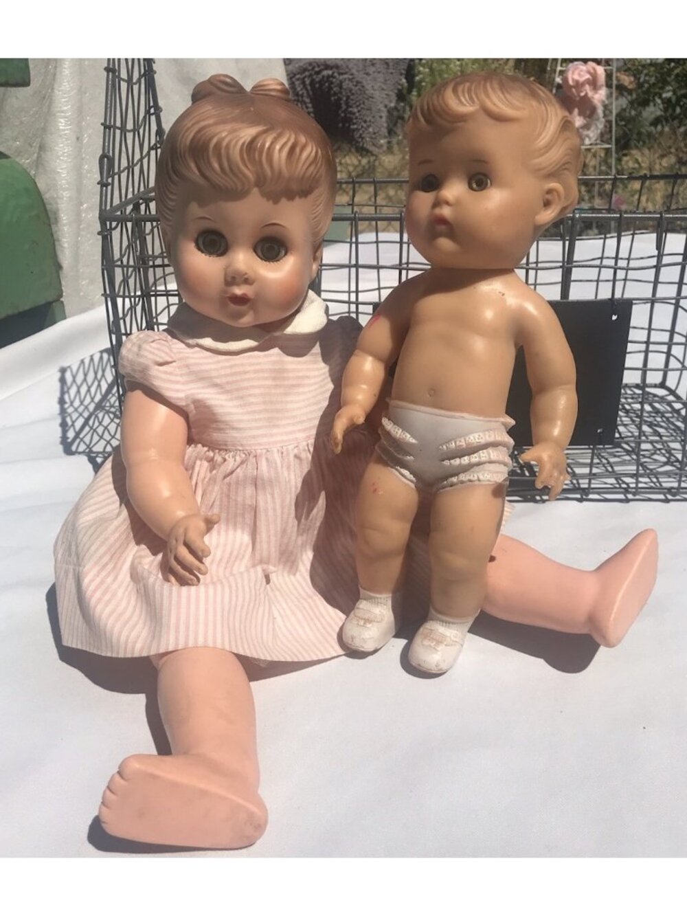 Vtg 1956 Sun Rubber Co Baby Squeaks 10" Rubber Doll & 18” Sleepy Eyes Lot 2 Antq